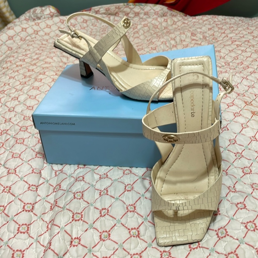 Alligator or snake leather sling back architectural heel sandals